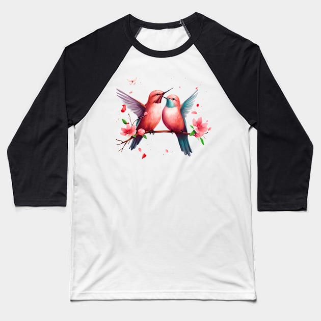 Valentine Kissing Hummingbird Couple Baseball T-Shirt by Chromatic Fusion Studio